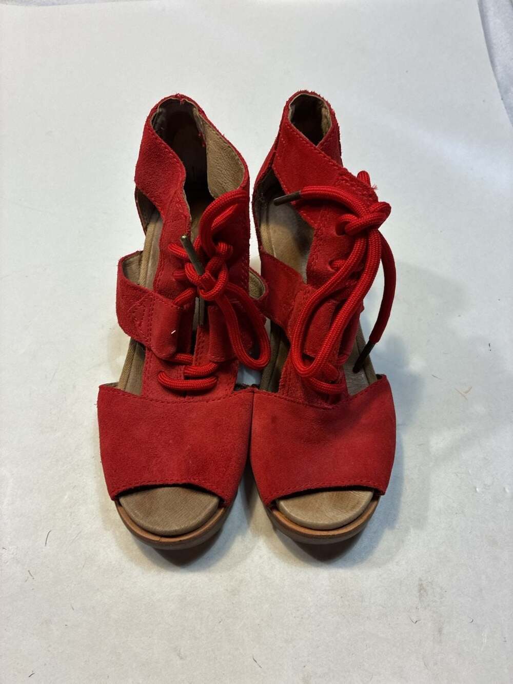 Sorel Red Suede Joanie Ankle Lace Up Peep Toe Wedge Sandals Shoes